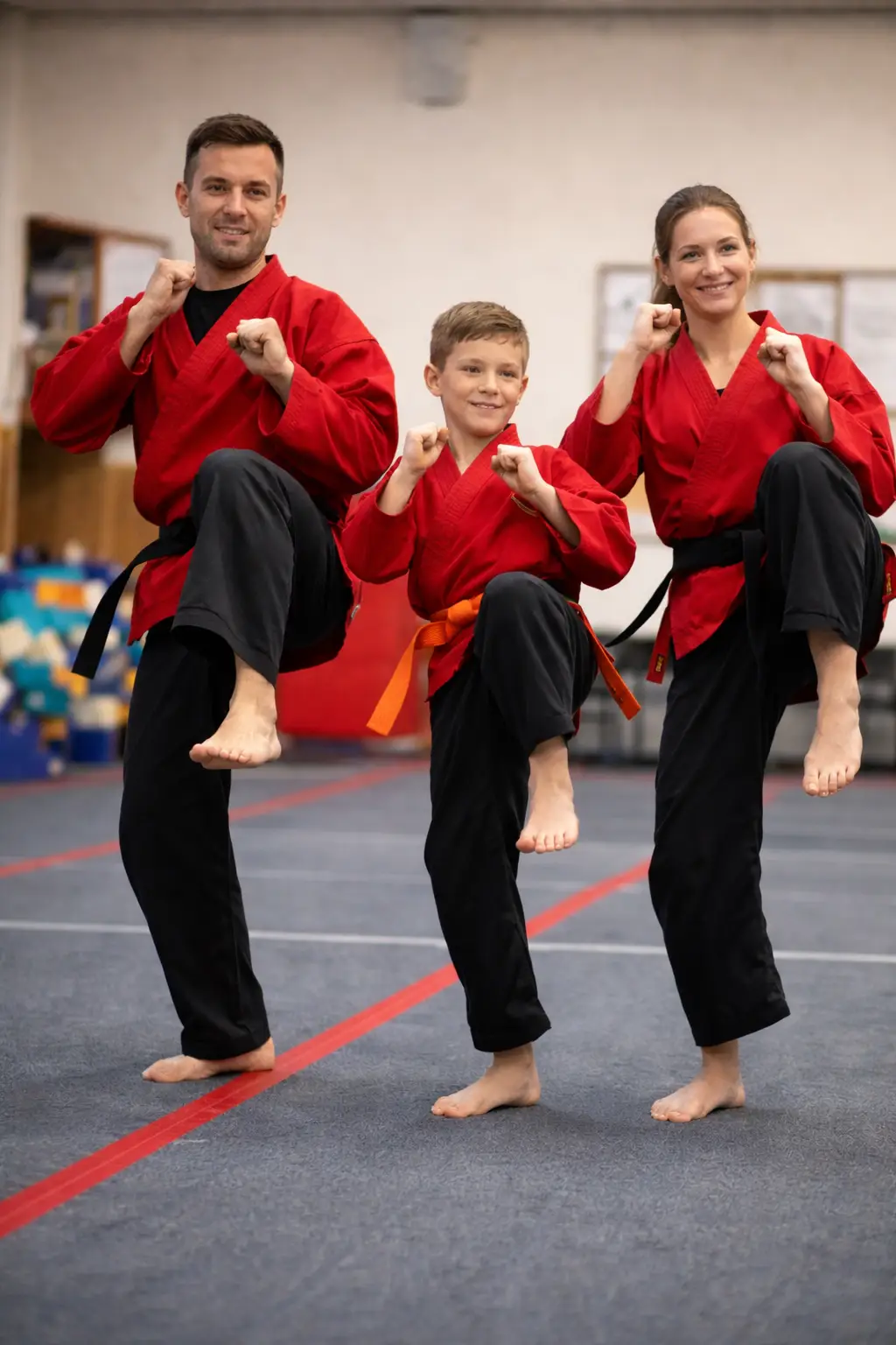 Family karate class practicing together in Waco TX dojo